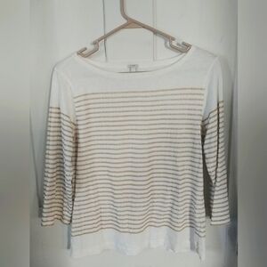 J. Crew Womens 3/4 Sleeve Tee Wide Crew Neck White Gold Striped Size Medium Y2K